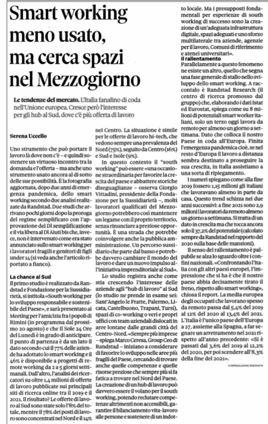 profgviesti's tweet photo. Lavoro da remoto è ipotesi importante anche per contrastare emigrazione forzata giovani del Sud (e evitare eccessi aumento affitti a Milano e Bologna!) (dal 24Ore)
Va sostenuto con norme, contratti, strutture di lavoro comune.
⁦@south_working⁩ ⁦@ilariamariotti⁩ https://t.co/lfXVISIo1R