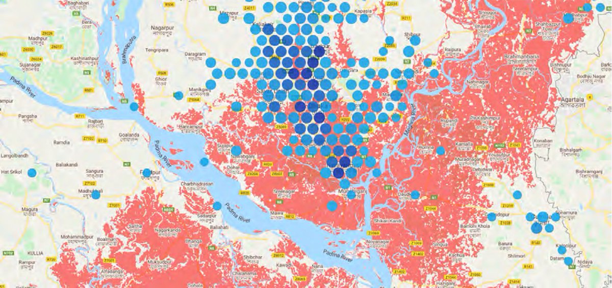 Map showing areas of Dhaka, Bangladesh that will go under water by 2030, overlayed with factory locations by density. Change is coming friends and we need Just Transition that prioritises workers' rights. #justtransition <a href="/XrFashionAction/">XR Fashion Action</a>