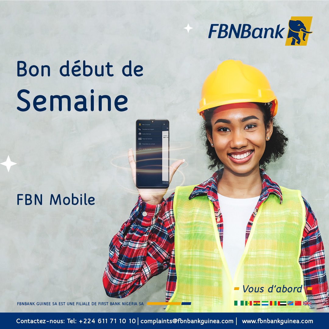 FirstBankGuinee's tweet photo. Votre banque à portée , quand vous voulez où vous voulez. 
Excellente semaine à tous. 

#FBNMobile #vousdabord https://t.co/vGy1W3sH7j