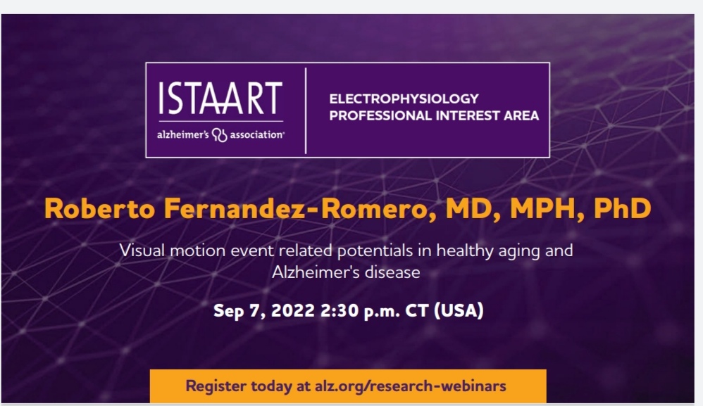 Join our PIA for the webinar "Visual motion event related potentials in healthy aging and Alzheimer's disease" 
Wed, September 7, 3:30 - 4:30 pm US EST. 
Moderator: Mihaly Hajos; Yale University
Speaker: Roberto Fernandez-Romero; University of Tennessee
<a href="/ISTAART/">ISTAART</a> <a href="/BabiloniClaudio/">Claudio Babiloni</a>