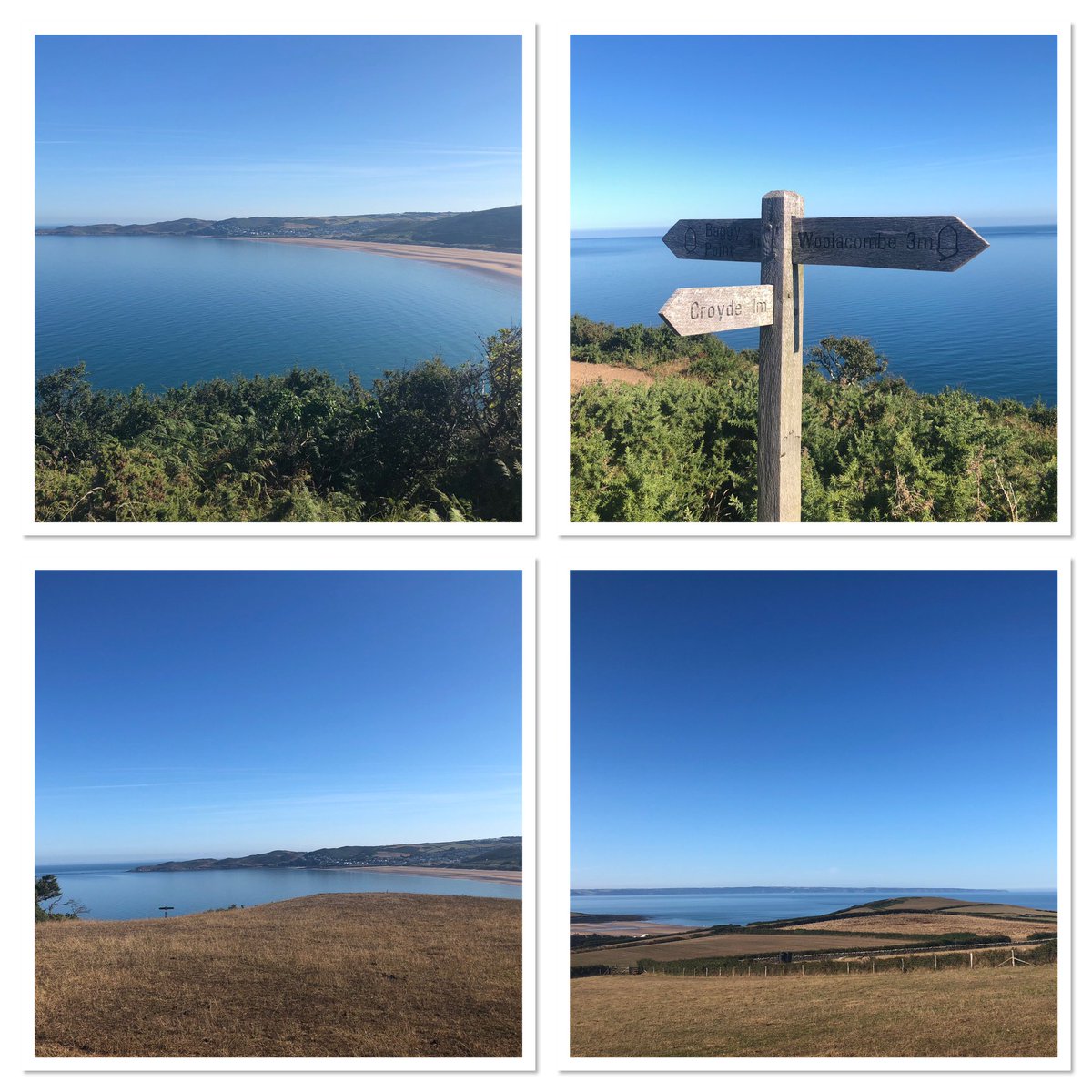 CllrPruMaskell's tweet photo. From this signpost, on a day like today, you can see Wales, Lundy Island, Dartmoor in the distance and Exmoor if you’re really tall! The sea was so clear today you can see the bottom. #NorthDevon #NorthDevonBiosphere #cfotocean https://t.co/j2mtzjCK8C