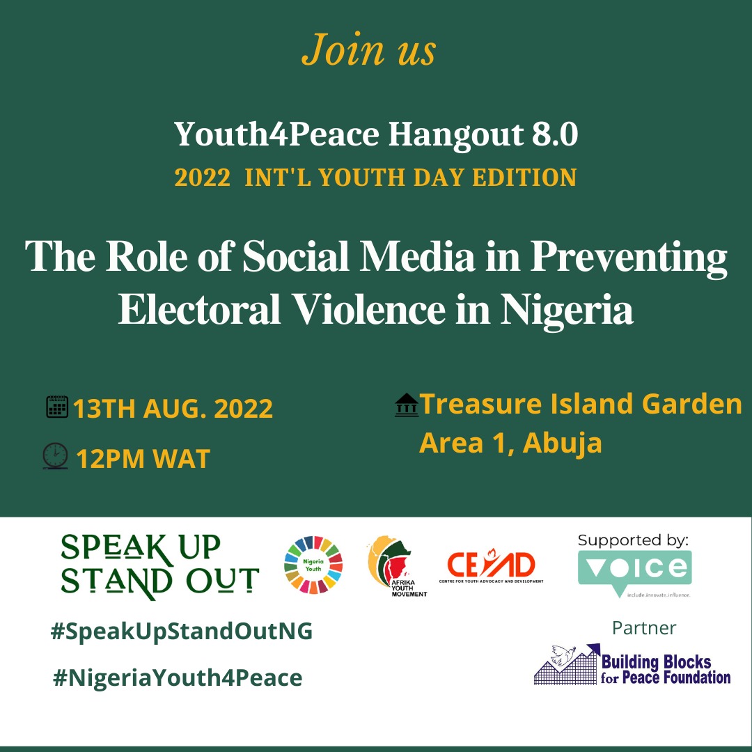 As part of the implementation of d #SpeakUpStandOutNG project of <a href="/SusoProgram/">SpeakUpStandOutNG</a>
 in Abuja and to commemorate the #IYD2022, we will like to invite you to participate in the August Edition of the monthly #Youth4Peace hangout. Date: August 12, 2022  Time: 12pm WAT  #NigeriaYouth4Peace