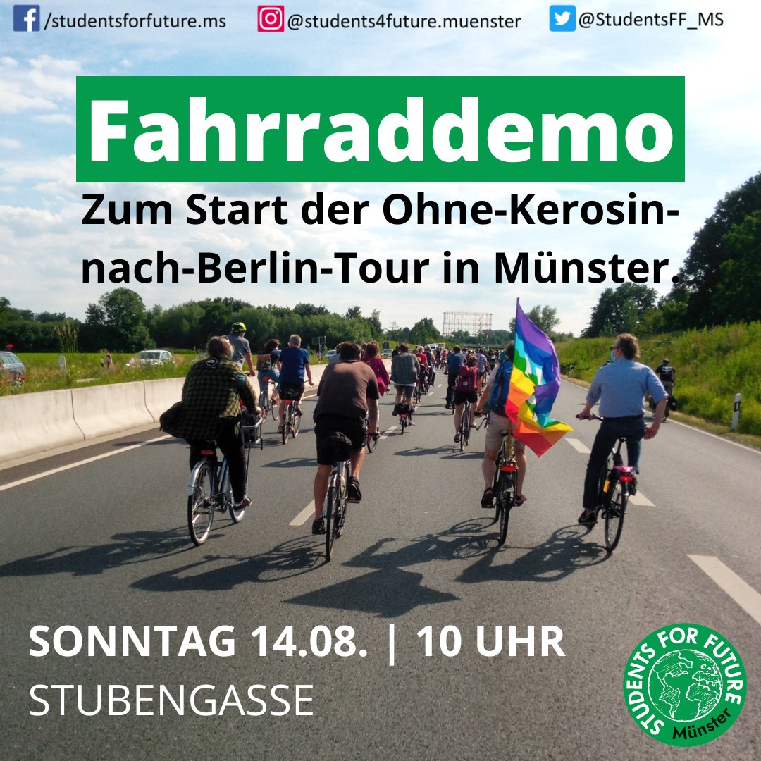 StudentsFF_MS's tweet image. Am Sonntag startet die Nordwesttour von @ohnekerosin|nachberlin in #Münster.
Zum Start rufen wir zur Fahrraddemo durch die Stadt auf, bevor die OKNB-Teilnehmenden ihre erste Etappe antreten.
Los geht es am 14.08. um 10 Uhr in der Stubengasse. 
#OKNB #StudentsForFuture