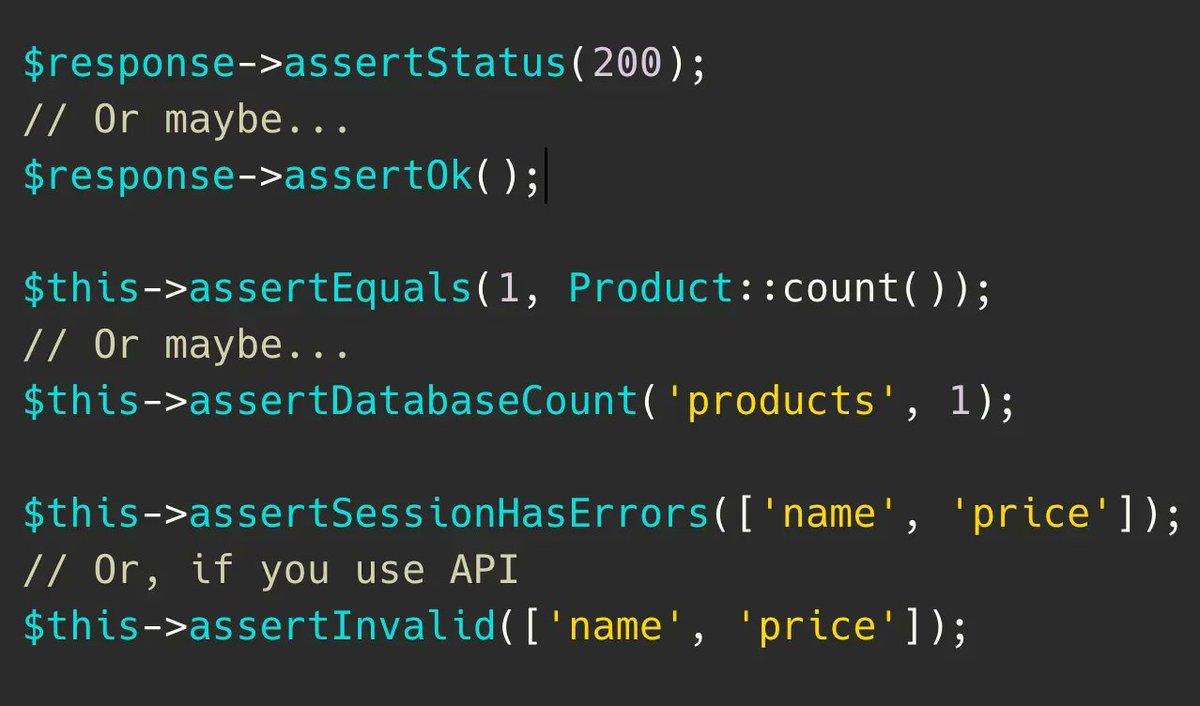 PovilasKorop's tweet image. Half of the job with automated tests is about picking the right assertions.
So many of them! And often a personal preference which to use.
Unfortunately, I don't have a specific "trick" of how to know which method to use.
It almost feels like trial & error :)
#LaravelTesting