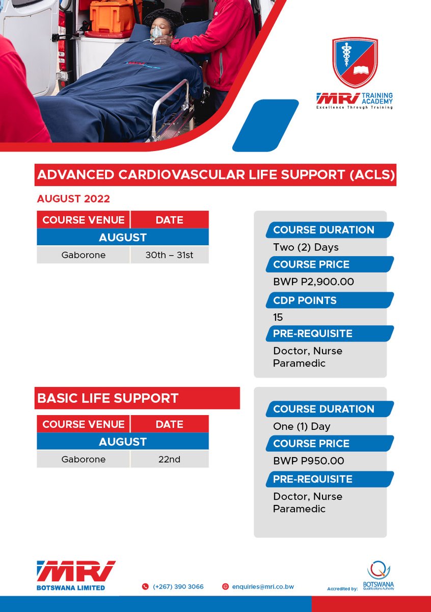 BotswanaMri's tweet photo. Enroll with MRI Training in the following: 
✅First Aid
✅Basic Fire Awareness
✅Basic Life Support
✅Advanced Cardiovascular Life Support
BQA accredited courses, register TODAY!! 
Contact Sales on 3903066
#MRIgoldstandard #whensecondscount 
#savinglives #YourPartnerInHealth https://t.co/gMCqJ4UNm8