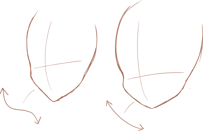 色んな描き方があるからあくまで一例だけど、年齢による顔の輪郭の違いでくりゅー式だと頭頂部の大きさももちろんだけど頬から顎への輪郭変えてたりする。頬をS字意識して描くと年齢上がって、ただの弧で描くと年齢下がる。気がする。S字は意識するだけで結果はほぼ直線になるけど 