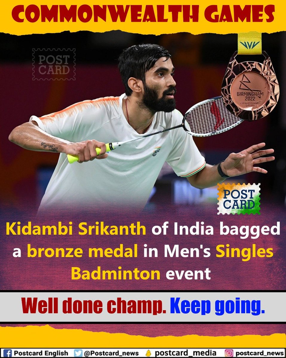 postcard_news's tweet photo. Commonwealth Games
Kidambi Srikanth of India bagged a bronze medal in Men's Singles Badminton event
#Welldonechamp. Keep going.
#KidambiSrikanth https://t.co/vwnXI7QCF0