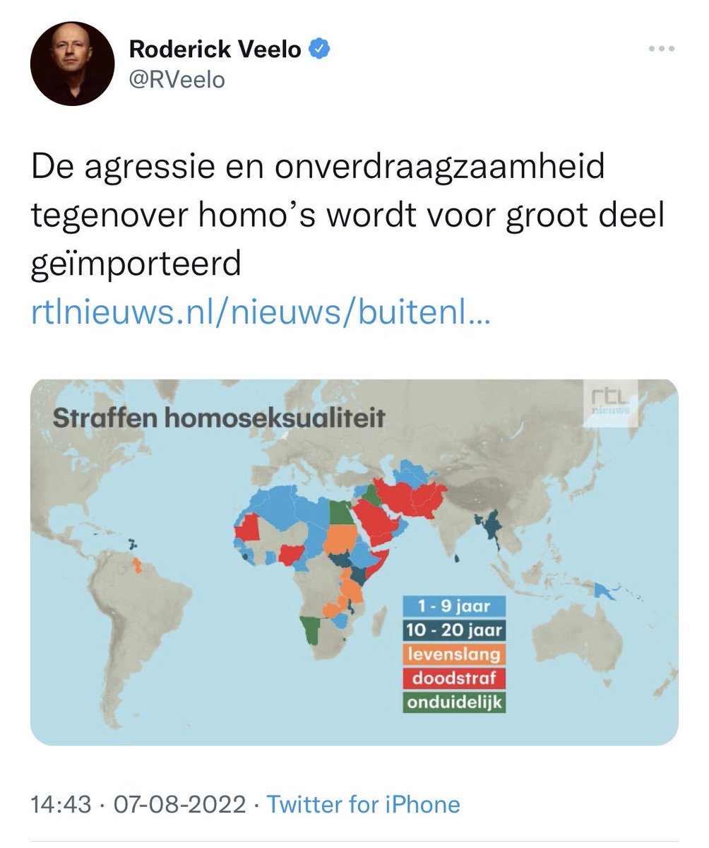 Deze liegende bezem die van @rtl nog steeds podium krijgt weet niet (of noemt opzetteijk niet) dat homofobi(e)sche wetten in deze landen zijn geïntroduceerd door Europese kolonialen. Hij noemt ook niet Polen, Hongarije etc nu. De link met migratie uit Afrika = straight up racist.