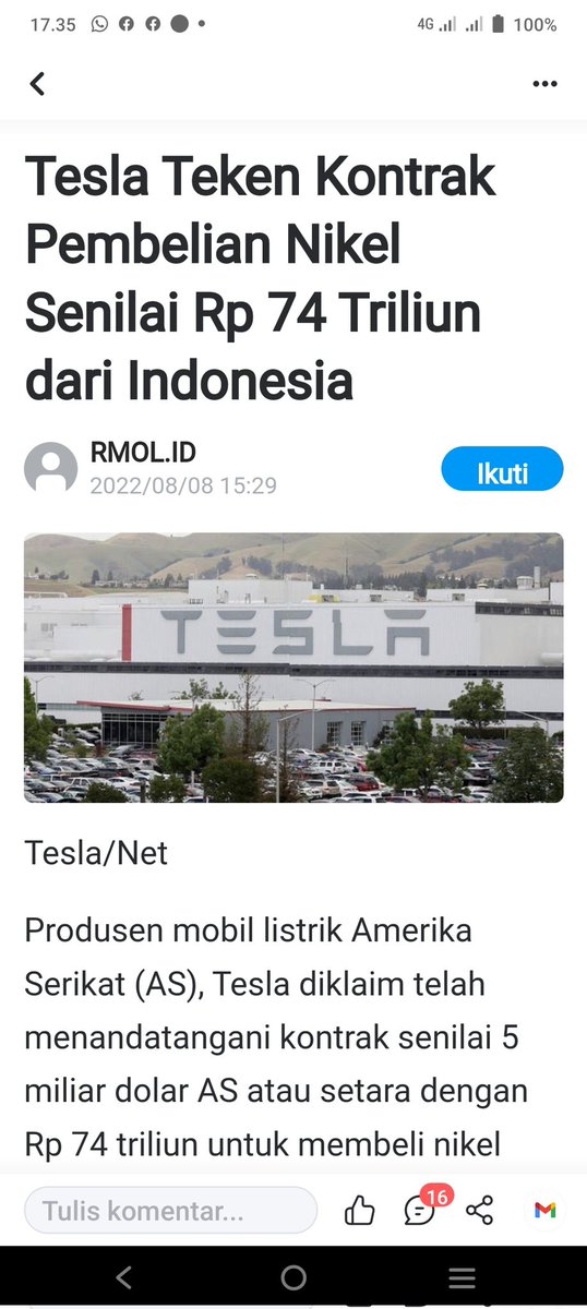 kunjungan dan pertemuan President Jokowi dg Elon mask pada bln mei yg lalu menghasilkan Tesla teken MOU pembelian Nikel dr Indonesia sebesar 74 T yg akan digunakan utk baterai Lithium.. . Colek aaah @DokterTifa