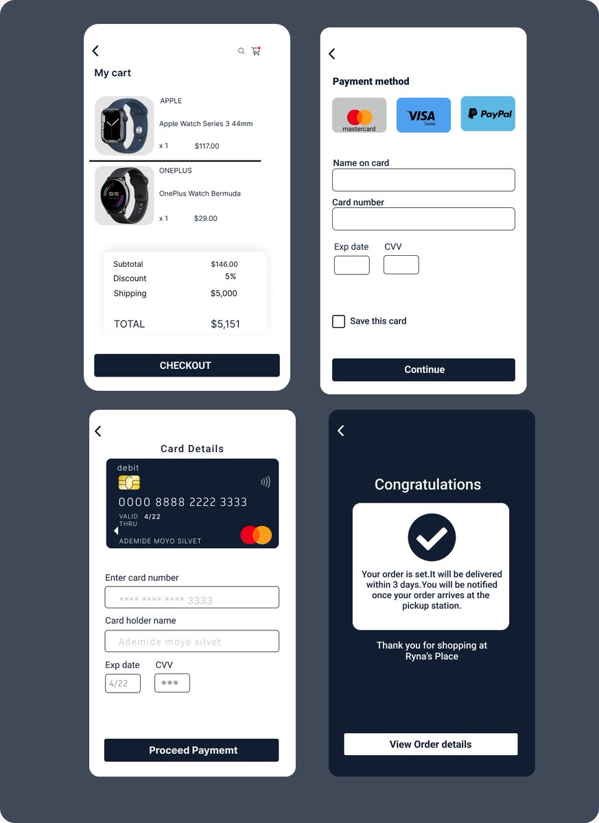 Week 3 progress of the #9WeeksOfDesignChallenge with 
<a href="/beomafav/">Berah Ogochukwu Ugwueke</a>
 
Task: Design shopping app credit card checkout screens consisting of the order list page, credit card info page and the confirmation page

#designthinking  #figma  #uiux  #tech #womenintech