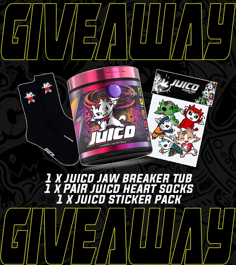 MKAUGaming's tweet photo. 🚨GIVEAWAY - "JAWBREAKER" PRIZE PACK🚨

Thanks to @JUICDEnergy, we have 1 x JUICD "JAWBREAKER" prize pack to #GIVEAWAY.

1 x JUICD "JAWBREAKER" Tub
1 x Pair JUICD Heart Socks
1 x JUICD Sticker Pack

ENTER HERE: https://t.co/b6gmgA0lte https://t.co/K34SuhM9TW