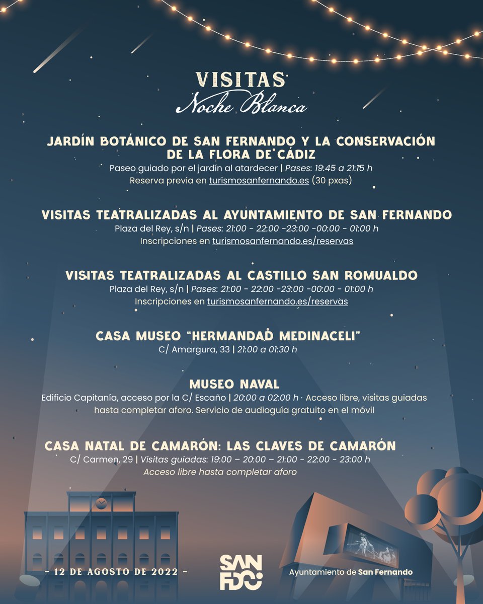 Sfdoturismo's tweet photo. ¡Este viernes 12 de agosto celebramos nuestra ya tradicional Noche Blanca! 😀🌕

Actuaciones, actividades, talleres y visitas. ¿Te lo vas a perder? 😜

⚠️ Visitas con reserva previa en la web de Turismo, a partir de esta tarde a las 19.00h.

#SanFdoeldestinodetuverano https://t.co/mXSsjW7zRe