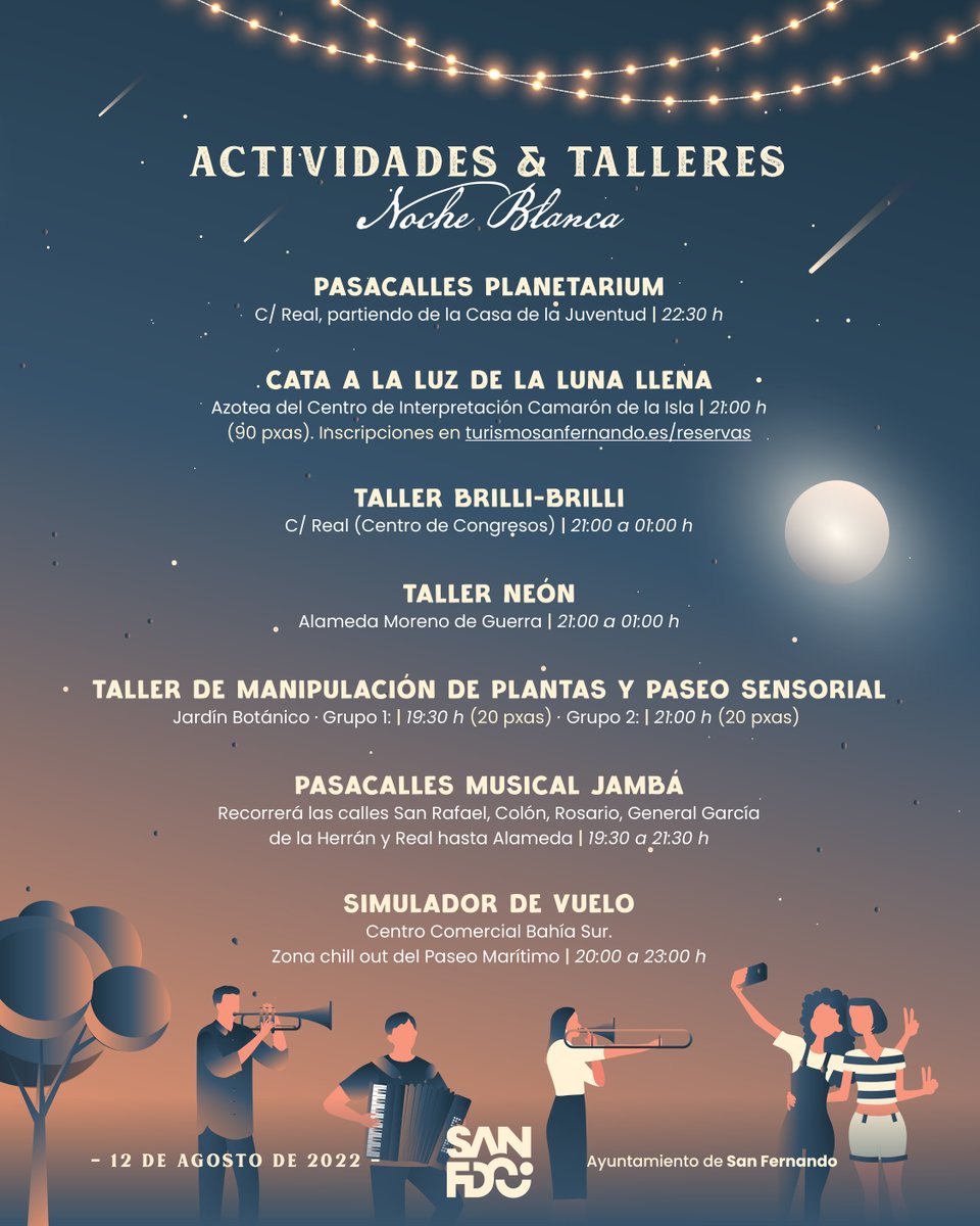Sfdoturismo's tweet photo. ¡Este viernes 12 de agosto celebramos nuestra ya tradicional Noche Blanca! 😀🌕

Actuaciones, actividades, talleres y visitas. ¿Te lo vas a perder? 😜

⚠️ Visitas con reserva previa en la web de Turismo, a partir de esta tarde a las 19.00h.

#SanFdoeldestinodetuverano https://t.co/mXSsjW7zRe