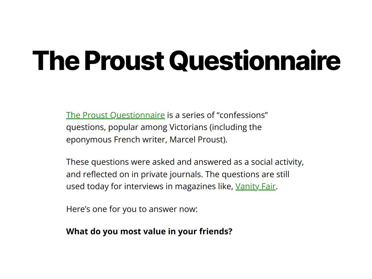 QualQues's tweet photo. This week's Quality Question:
The Proust Questionnaire
#QualityQuestions https://t.co/UI8EWPDVRR