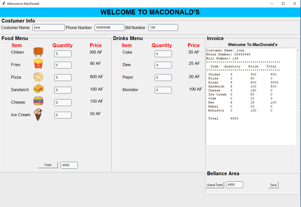 Faizi_Developer's tweet photo. Bill system for a Resturant
#Tkinter
#100DaysOfCode 
#2nd_week 
please Retweet &amp; like https://t.co/wAkvgHNGJH