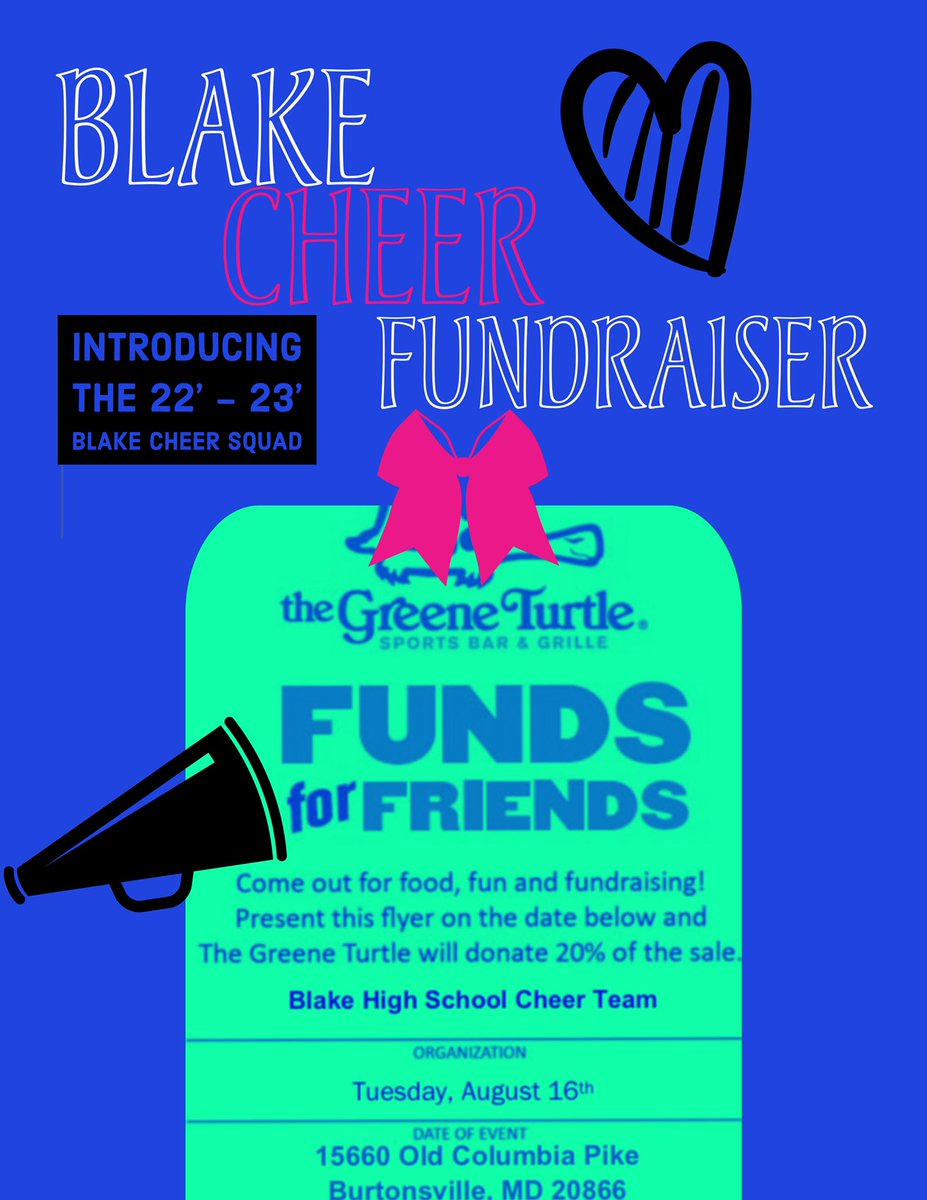 Save the date! Next week we will be celebration the new 22’-23’ Blake Cheer squad ! Must present flyer to show us support! Ask us for a flyer ✨💙