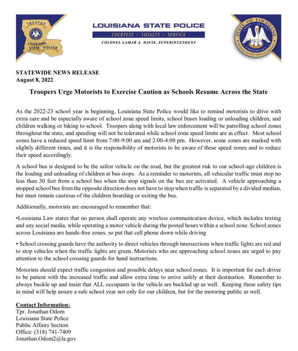 LAStatePolice's tweet photo. STATEWIDE NEWS RELEASE
August 8, 2022
Troopers Urge Motorists to Exercise Caution as Schools Resume Across the State https://t.co/Z3Dioofp2X