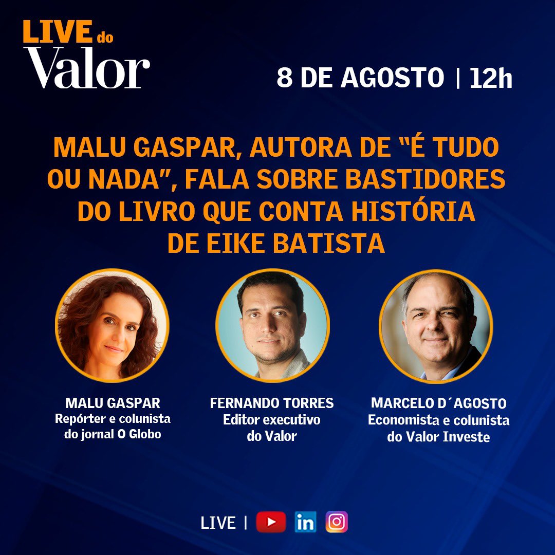 malugaspar's tweet photo. Quer saber mais sobre “Tudo ou Nada” e o que a história de Eike Batista ensina a respeito das bolhas e do mercado financeiro? Hoje na live do @valoreconomico eu , @valor_consultor e @FernandoTorres vamos falar de tudo isso daí. É ao meio-dia. Te espero! https://t.co/eDMATABgTE