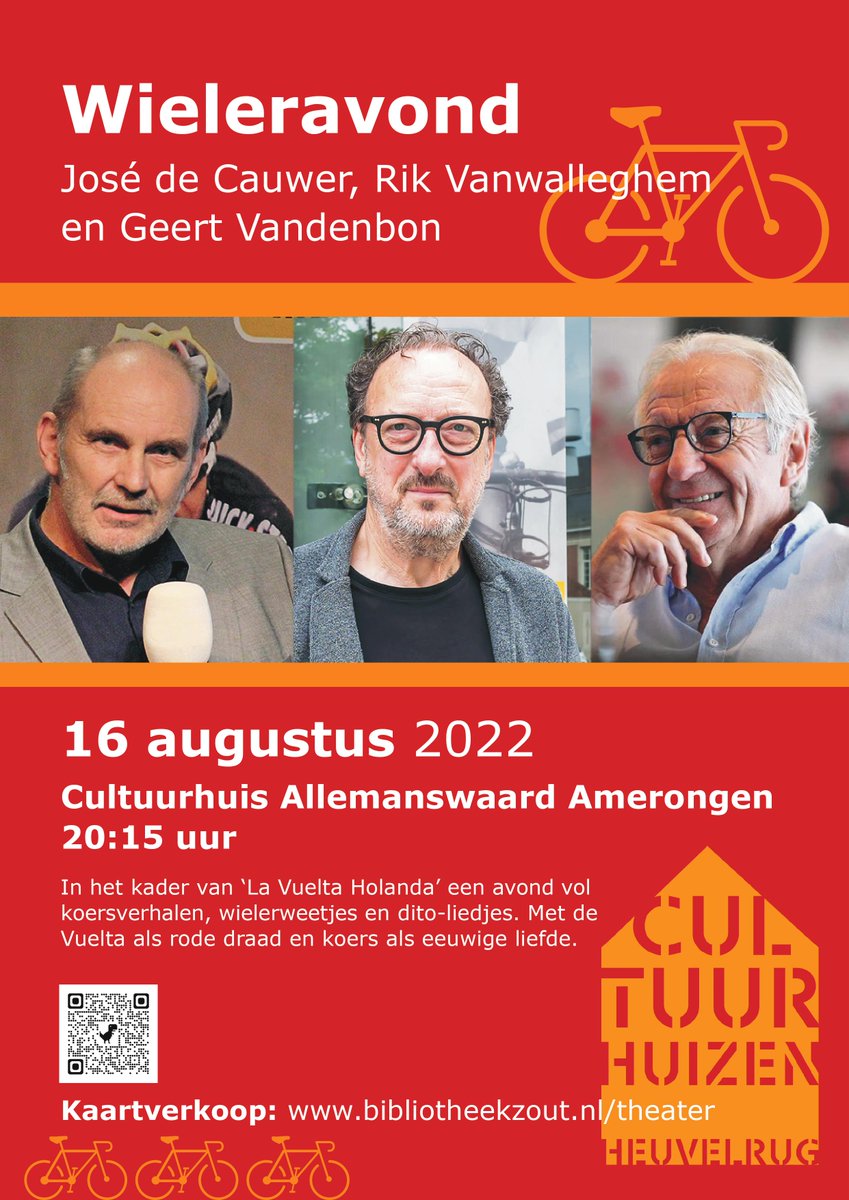 ProgrammeringUH's tweet image. Een avond vol koersverhalen en wielerweetjes in #amerongen. Met de #Vuelta als rode draad en koers als eeuwige liefde. Kaartjes via bibliotheekzout.nl/theater