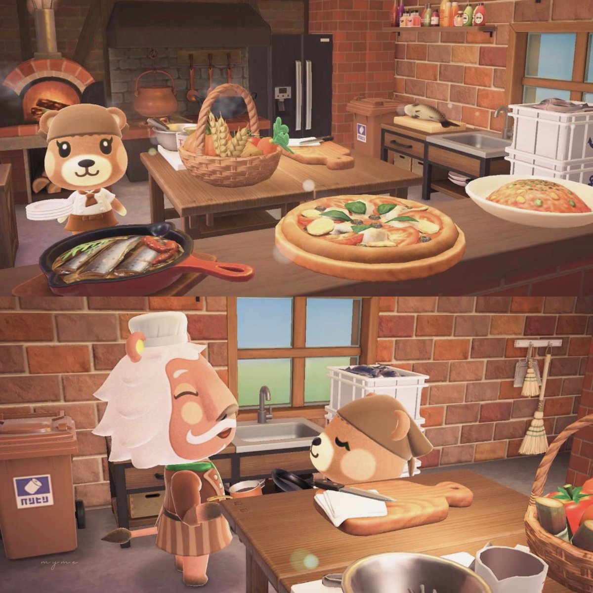 レストランの厨房🍳
料理長はライオネル（料理上手そう😆）
見習いのメープルちゃんにも優しく指導しています🦁🐻

#あつ森 #AnimalCrossing #ハピパラ