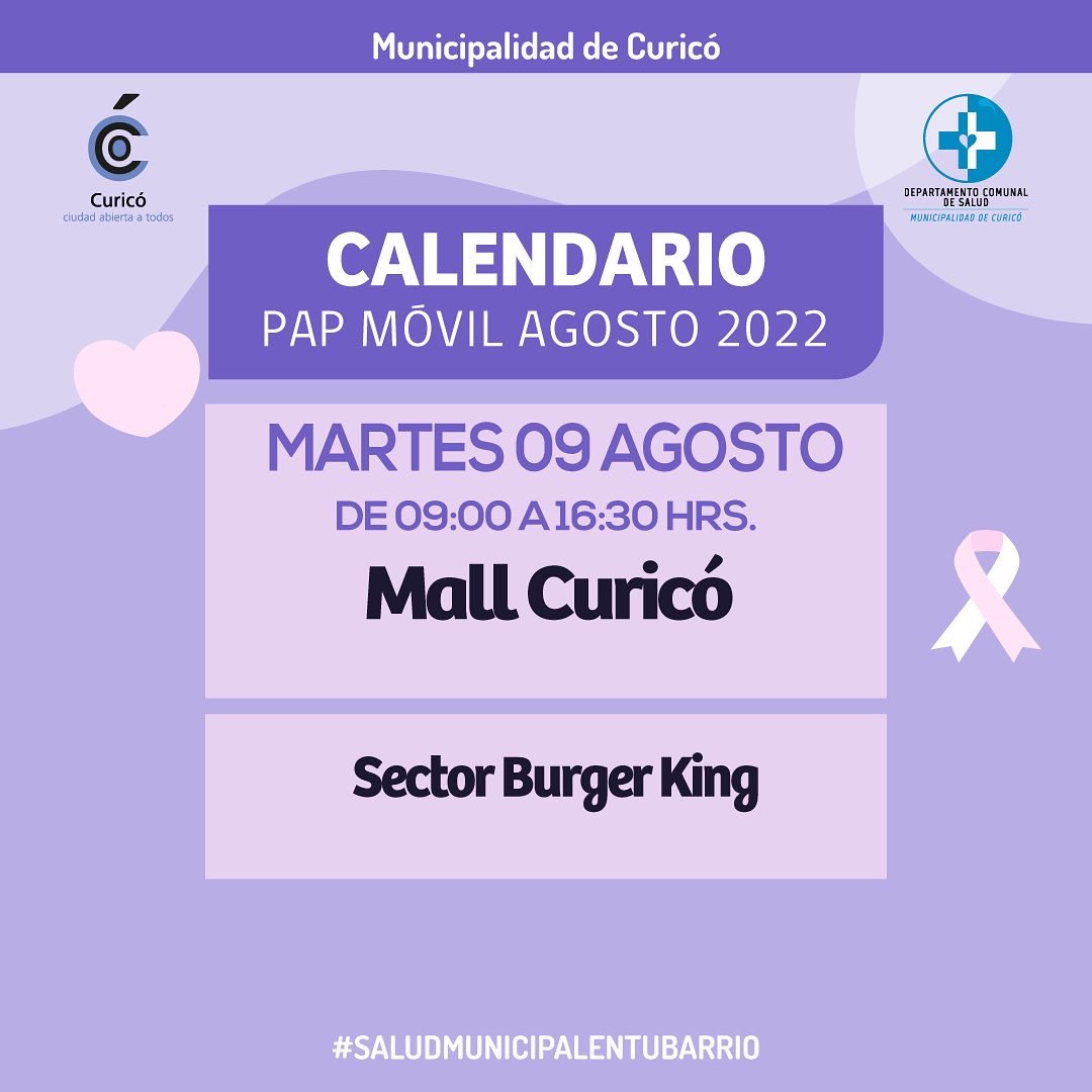 [PAP GRATUITO]

Hoy y mañana, los equipos de la Salud Municipal, estarán realizando el examen PAP en Mall Curicó, ubicado en calle O’higgins. 

Revisa qué mujeres pueden acceder a este examen acá. 

#SaludMunicipal