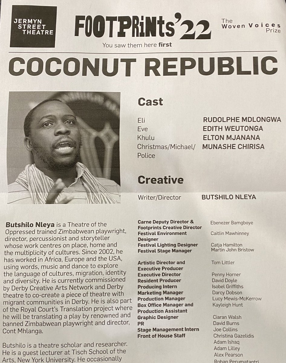 ButjiloNdazi's tweet image. Time to knock on the Arts Council England 💷🚪🎭

Had the privilege of working through #CoconutRepublic with Zim artists in UK @Edithweutonga @MunasheChirisa @wesruddy @EltonMjanana 

We gave a reading of the play at Footprints fest @JSTheatre with Edith’s music. @WovenVoices