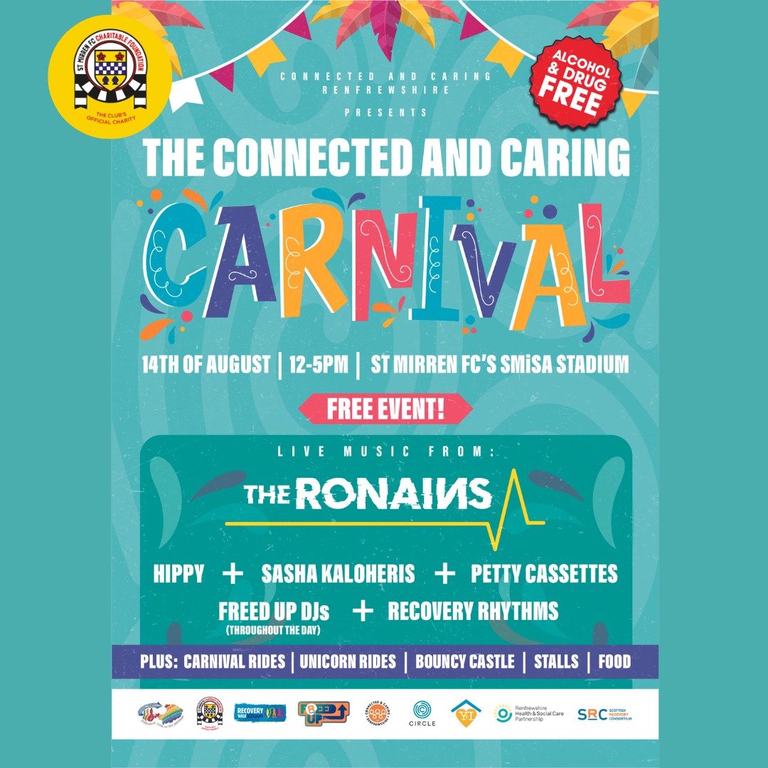 ⭐TOMORROW | CONNECTED &amp; CARING CARNIVAL ⭐

This alcohol &amp; drug free event will signpost essential services for those in recovery &amp; their families❤️

You can also look forward to LIVE MUSIC 🥁 FUN RIDES🌟 &amp; A FREE DAY OUT😊

<a href="/SRConsortium/">Scottish Recovery Consortium</a> <a href="/FreedUpEvents/">Freed Up</a> <a href="/CIRCLErhscp/">CIRCLE</a> <a href="/RenHSCP/">Renfrewshire Health and Social Care Partnership</a>