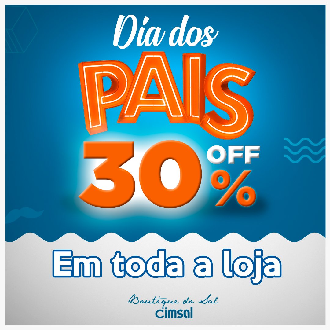 🔥  30% em toda a loja! Válido para compras no site ou diretamente em nossa loja física 🔥 Utilize o cupom "DIADOSPAIS2022".

🏃🏼‍♀️ Corra, estoque limitado! Promoção válida de 08/08/2022 a 14/08/2022.

🌐 boutiquedosal.com.br

#diadospais2022 
#boutiquedosal 
#boutiquedosalCIMSAL