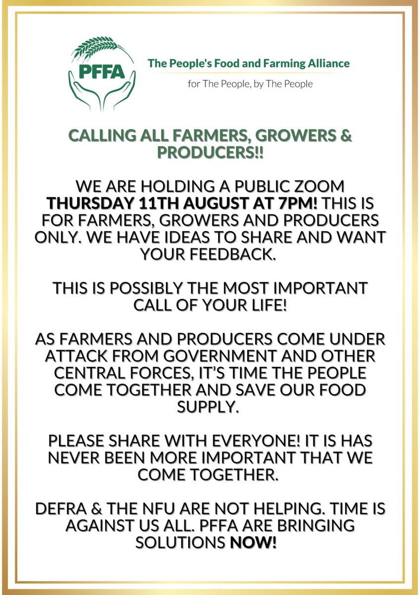 PFFA_UK's tweet image. 🔥🔥🔥🔥🔥🔥🔥🔥🔥🔥🔥🔥🔥

Please share in ALL farming, agricultural, food production and growing groups!!

This is for farmers and large scale producers only. We will be holding public zooms in a couple of weeks. 

Please help us to get this message in all relevant groups! 🙏