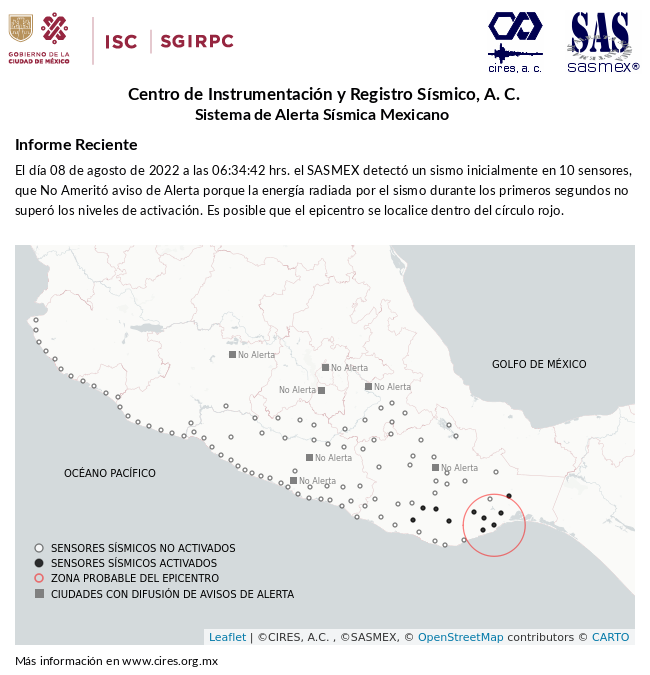 SASMEX's tweet photo. Informe preliminar del #Sismo del 08-ago-22 a las 06:34:42 hrs. Más información en https://t.co/sQ7SBUVbVN #TenemosSismo #LaPrevenciónEsNuestraFuerza https://t.co/3cWL7GUj1o