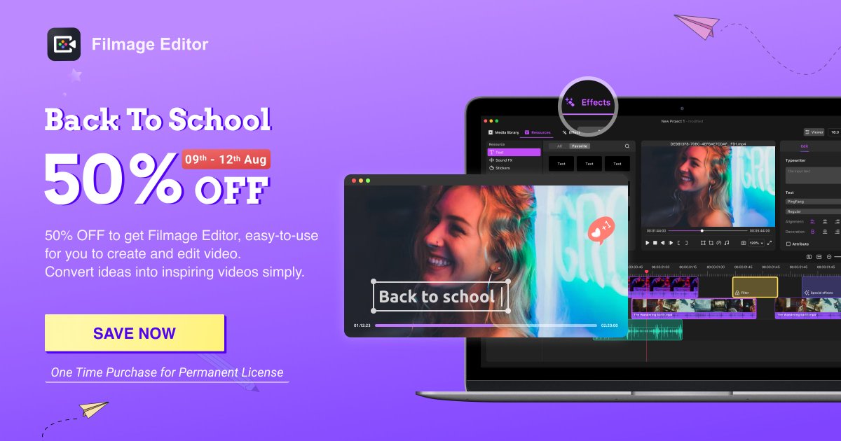 FilmageScreen's tweet photo. Filmage Editor:

Big news today: Back to School Sale!
Enjoy 50% off to experience easy-to-use Filmage Editor.
One time purchase for permanent license.  #backtoschool
Click to buy: https://t.co/Ntn2kaMI6i https://t.co/ABelkEgcd4
