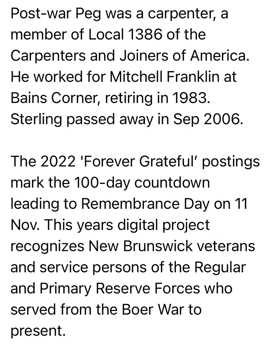 BernardCormier's tweet photo. 2022 ‘FOREVER GRATEFUL’ PROJECT # 05 OF 100: 
Private (Ret’d) Sterling G. Brown was born in Bains Corner, NB. He served overseas with the Royal Canadian Army Service Corps, attached to various artillery batteries, from 1942 to 1946. #SaintJohnRemembers https://t.co/dNTdTjTd8t