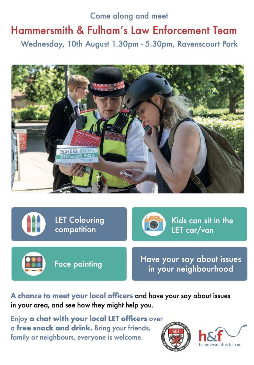 FriendsofQM's tweet image. #RT @QMPrimary: RT @LBHF: Come along and meet Hammersmith &amp;amp; Fulhamʼs Law Enforcement Team in Ravenscourt Park on Wednesday afternoon.

It’s a chance to meet your local officers and have your say about issues in your area, and see how they might help you.…