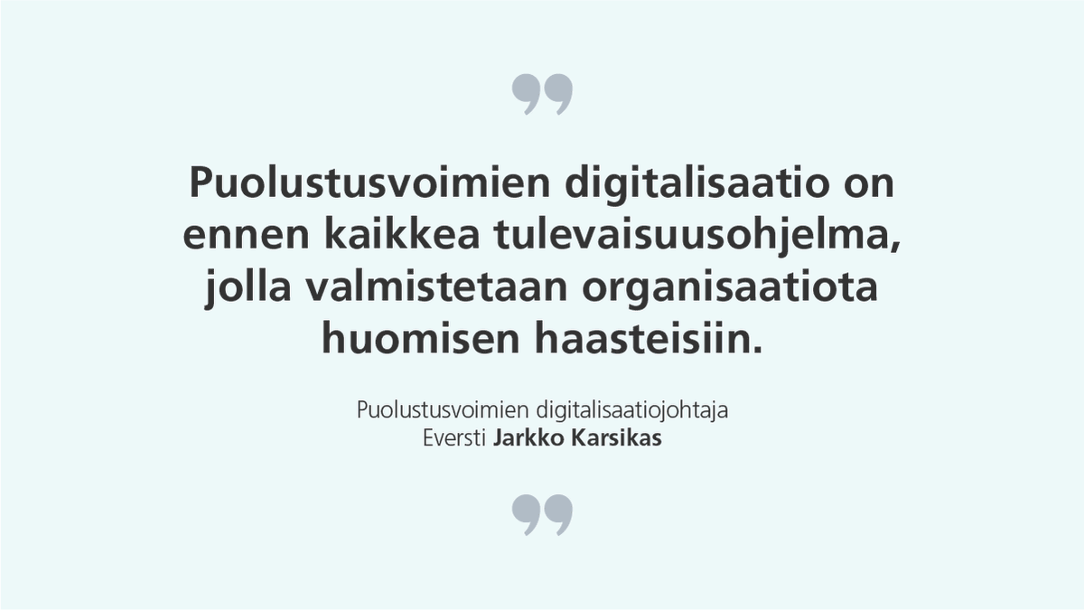 Puolustusvoimat's tweet photo. Mitä digitalisaatio on ja millainen on sen merkitys Puolustusvoimille? Lue lisää blogista: https://t.co/hNdeUgohJy

#puolustusvoimat #digitalisaatio https://t.co/1vXq3J7XwM