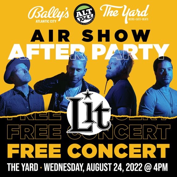 AcAirshow's tweet photo. Have you heard? Atlantic City after the @Meet_AC Atlantic City Airshow on Aug. 24 is going to be LIT! Head down to The Yard at @BallysAC for dancing, drinks and a FREE show by @LitBandOfficial starting at 4 p.m. For more information, visit: https://t.co/Izdp6XRmxZ https://t.co/WhhL9Zmecq