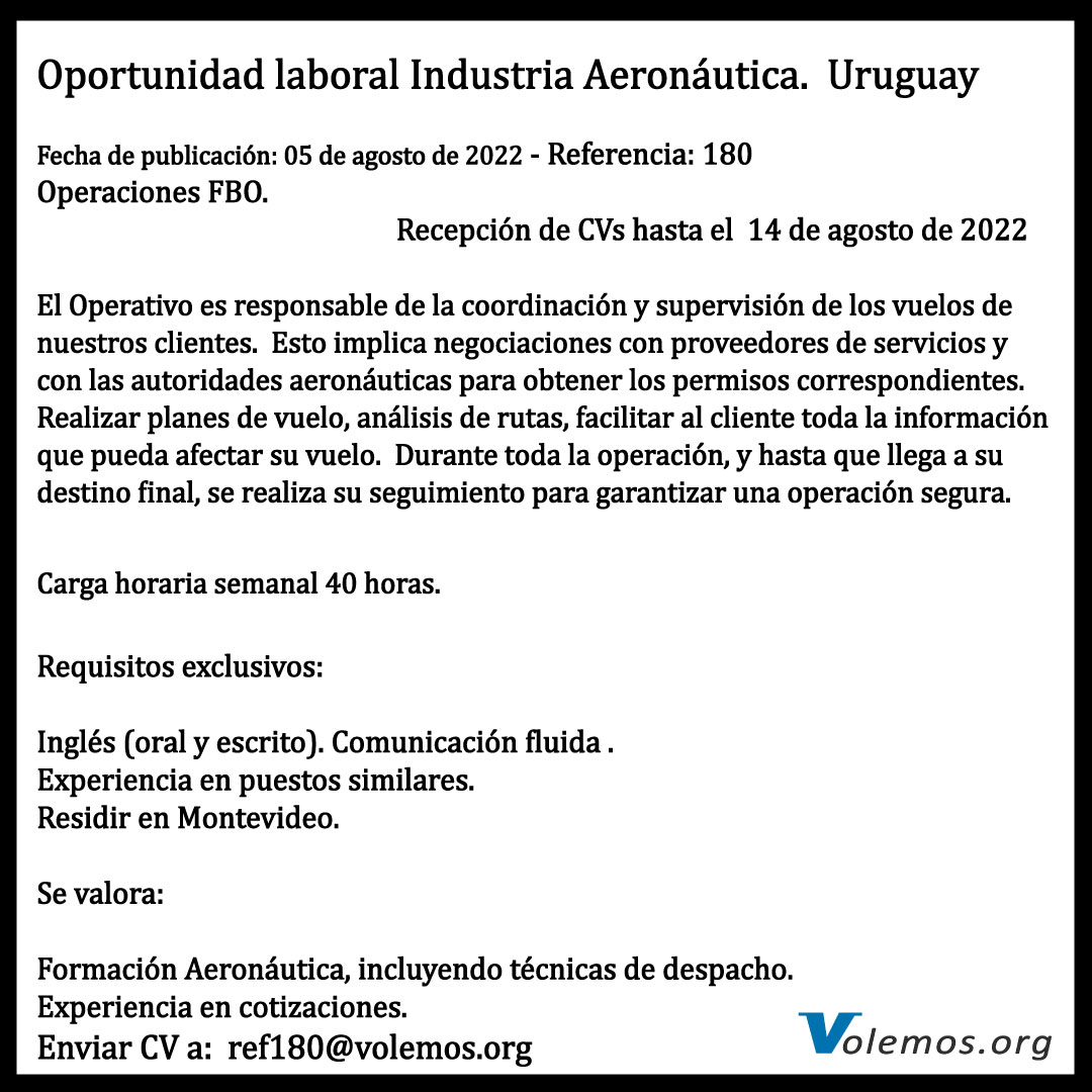 Compartimos una Oportunidad Laboral en la industria aeronáutica en Uruguay. #FBO