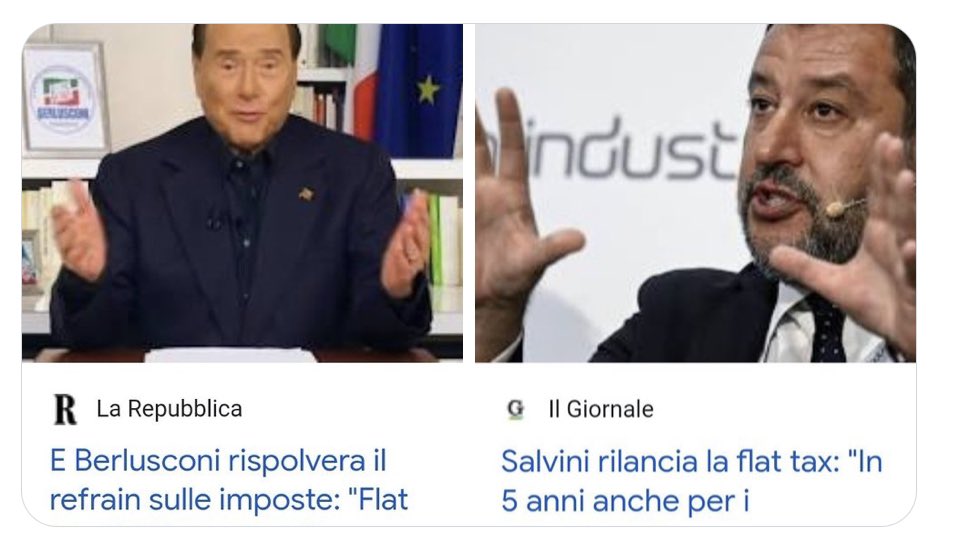 La destra che propone la “flat tax” (al 23%, no al 15% chi offre di più???) abbia il coraggio di dire che quindi intende PRIVATIZZARE la sanità, la scuola, la previdenza e i servizi, che dovranno tutti essere pagati. Sarebbe la fine del diritto a istruzione, salute e pensioni.