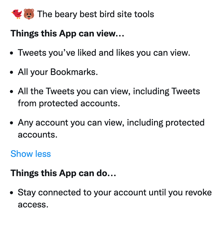 BirdBearApp's tweet photo. @_w_i_l_l_i_n_g_ @Twitter i tried to keep it to the minimum needed to be able to actually search bookmarks, right now that's these: https://t.co/6eIocPIznD