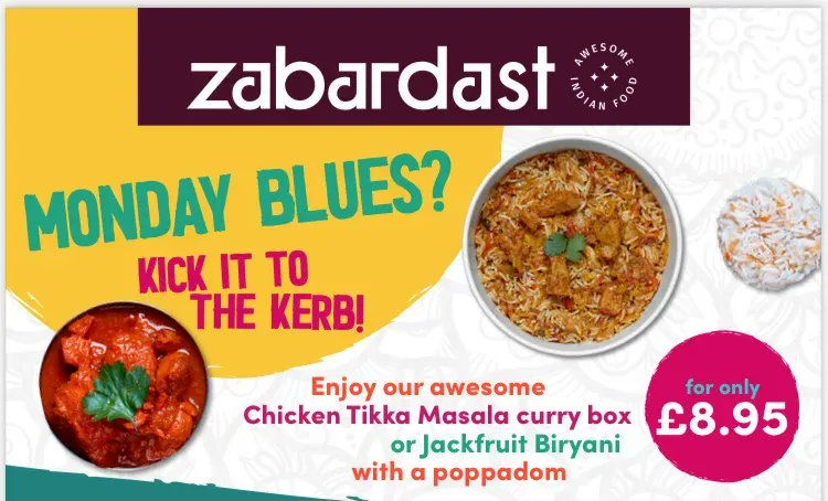 *BLUEWATER AND CATERHAM ONLY*

Kick those Monday blues to the Kerb with our awesome deal! Enjoy our Chicken Tikka Masala curry box or Jackfruit Biryani with a poppadom for only £8.95! An unmissable deal! 🌱

#yum #Croydon #London #tasty #vegan #halal #veganfood #plantbased