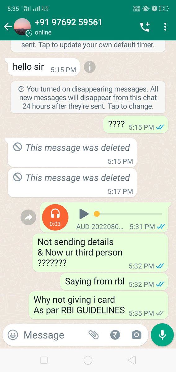 Harrasement by rbl bank 
Sending message on whatsup &amp; demand icard immidiatelly deleted message.