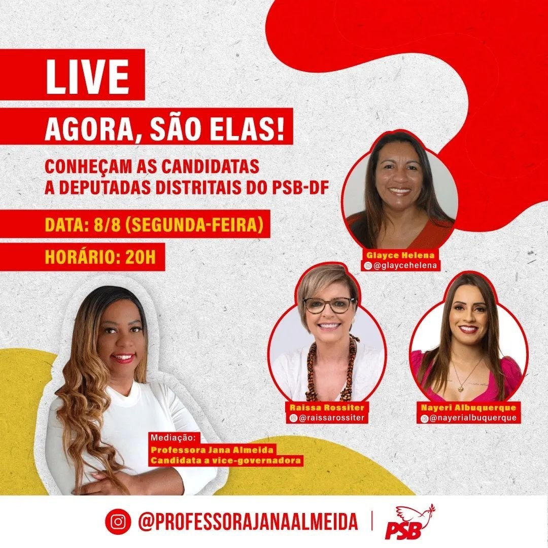 raissa_rossiter's tweet photo. Hoje às 20hr tem live com a Jana Almeida! Aguardo vocês lá #mulherésolução #mulheresnapolitica #psbdf https://t.co/TxWRkhOW64