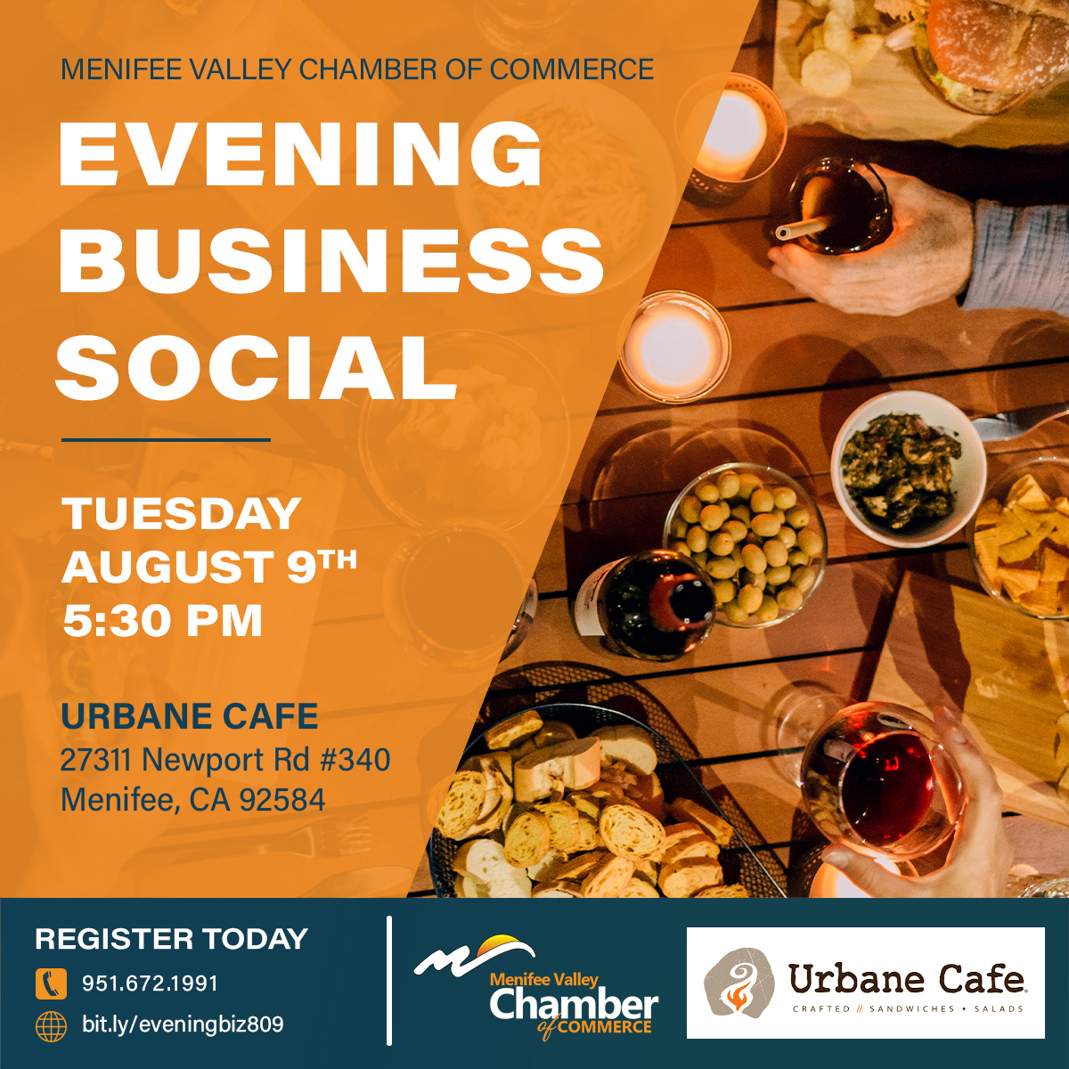 MenifeeChamber's tweet photo. Stop by Urbane Cafe on Tuesday, August 9, at 5:30 PM for our Evening Business Social! Enjoy delicious craft sandwiches and salads while networking with Menifee's business and community leaders. Register online at https://t.co/x3Gb4xtGev

#menifeechamber #menifeebusiness #menifee https://t.co/ugfldpmgDq