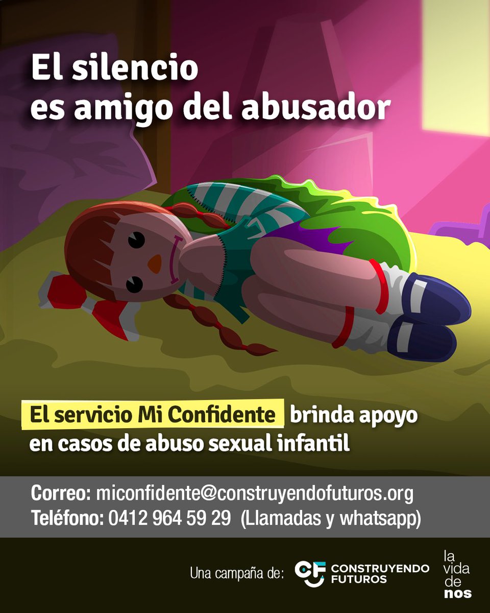 lavidadenos's tweet photo. Si conoces a víctimas de abuso sexual infantil o tienes dudas sobre el tema, contacta el servicio de apoyo #MiConfidente

📩 miconfidente@construyendofuturos.org
📲 0412-9645929

Ayudemos a visibilizar un problema que muchos prefieren evadir, compartiendo esta información. https://t.co/bLvPZHsJA3