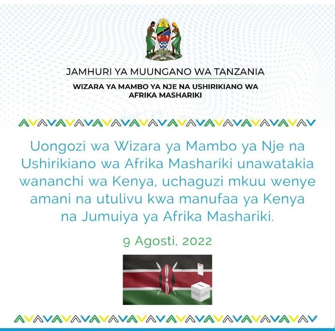 UbaloziKenya's tweet photo. Tunawatakia wananchi wa Kenya Uchaguzi Mkuu mwema  wenye amani na utulivu. @StateHouseKenya @IEBCKenya https://t.co/2jEEkBxpyC