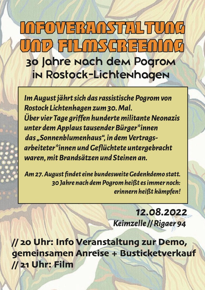 Auch bei uns gibt es Infoveranstaltung und Film zu dem Pogrom von Rostock Lichtenhagen im August vor 30 Jahren!

Diesen Freitag 20 Uhr // Rigaer94

Und am 27.8. dann zur bundesweiten Gedenkdemo!