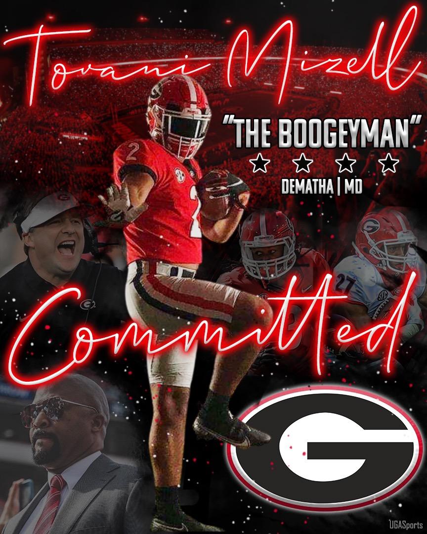 Tovani “Boogeyman” Mizell (@tovanimizell) on Twitter photo First, I am giving honor to Jesus Christ my Lord and Savior without him none of this would be possible🙏🏾 I would like to announce my commitment to the University of Georgia🔴⚫ #GoDawgs #UGA #RBU #AGTG <a href="/GeorgiaFootball/">Georgia Football</a>
<a href="/KirbySmartUGA/">Coach Kirby Smart</a> <a href="/DellMcGee/">Dell McGee</a> First, I am giving honor to Jesus Christ my Lord and Savior without him none of this would be possible🙏🏾 I would like to announce my commitment to the University of Georgia🔴⚫ #GoDawgs #UGA #RBU #AGTG <a href="/GeorgiaFootball/">Georgia Football</a>
<a href="/KirbySmartUGA/">Coach Kirby Smart</a> <a href="/DellMcGee/">Dell McGee</a>