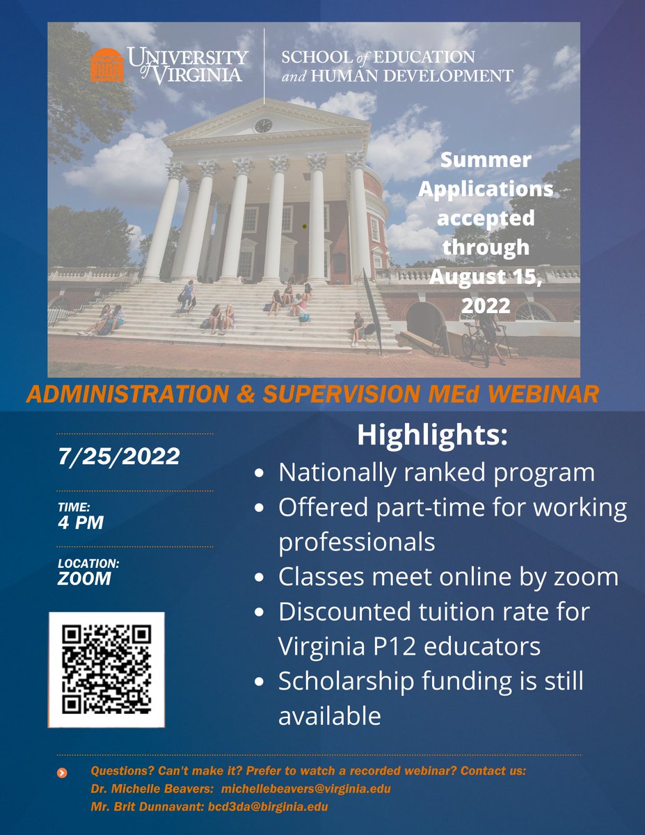 🚨Deadline alert🚨 Applications for the Fall 2022 cohort are due on 8/15/22. 

Don't miss your chance to join the top Administration &amp; Supervision M.Ed program in Virginia