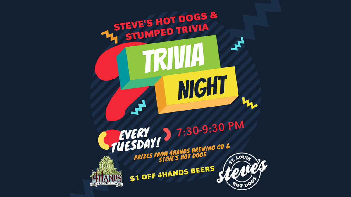 steveshotdogs's tweet photo. Bring your smartest (or the ones that think they are the smartest😉) friends for $1 off @4HandsBrewingCo beers, dogs and TRIVIA this Tuesday!
#stltrivia https://t.co/0S2qsFjgKL