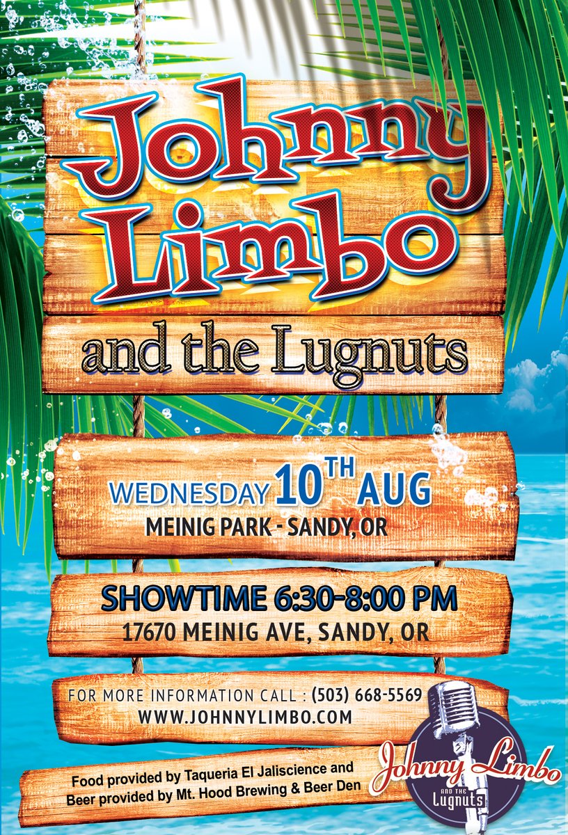 Johnnylimboband's tweet photo. Spend the evening in the park with Johnny Limbo and the Lugnuts!
This Wednesday Aug 10th, 2022 
Sandy, Oregon
Free Concert in the Park
--Location: 
Meinig Park 
(Behind The Famous Joe's Donuts)
17670 Meinig Ave.
Sandy, OR 97055
-Showtime: 
6:30-8:00 PM https://t.co/Oia8IxjECv