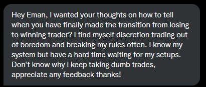 WolfOfWallstrt7's tweet photo. Stop looking at your p/l as an indication of your performance. Following the same repetitive rules is the job, not making money. Profitable trading is very boring... If you find yourself seeking a thrill in the market like most traders do, your business will eventually go broke. https://t.co/QzIVuQiiHN